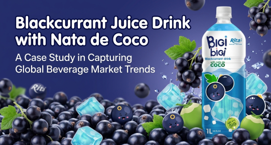 Poster showcasing blackcurrant juice drink with nata de coco designed for global beverage market trends and export opportunities