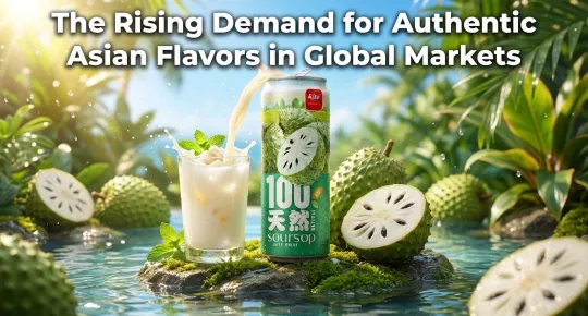 Poster showcasing premium natural beverages with authentic Asian-inspired fruit flavors