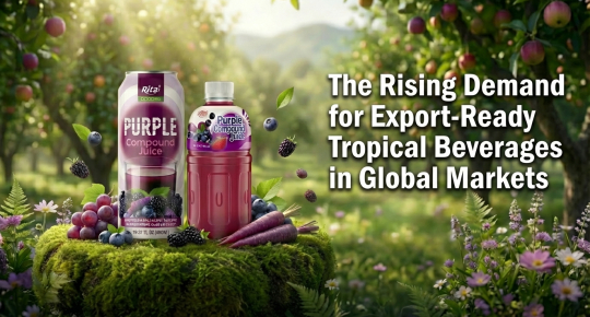 Poster featuring export-ready tropical beverages with vibrant fruit flavors for international markets