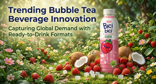 Poster showcasing trending bubble tea innovation and ready to drink formats designed for global beverage distribution and retail markets