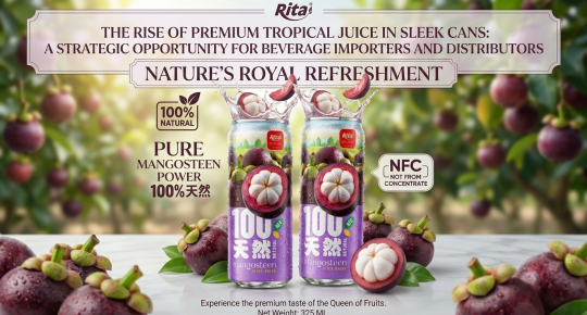 Poster featuring premium tropical juice in sleek cans designed for import and distribution markets