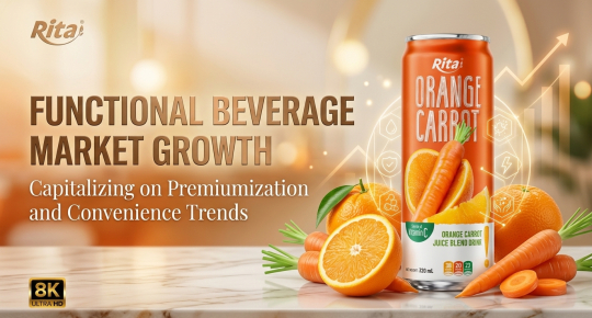 Poster showcasing functional beverages highlighting premium quality and convenience-driven market growth