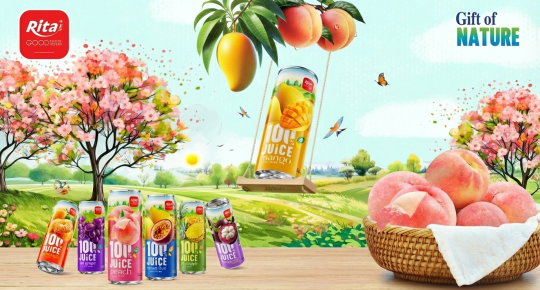 Poster featuring premium natural juice in sleek cans targeting global beverage distribution markets
