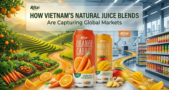 Poster showcasing Vietnam natural juice blends designed for export-ready global beverage markets
