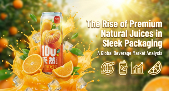 Poster showcasing premium natural juices in sleek packaging for global beverage market analysis