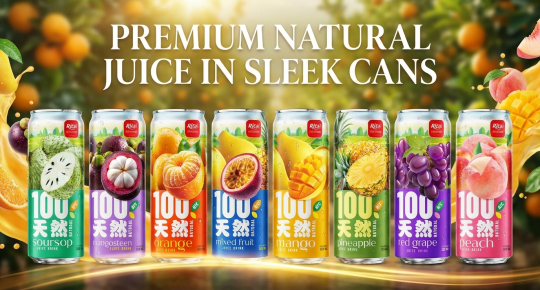 Premium natural fruit juice in sleek 325ml cans, multi-flavor beverage collection