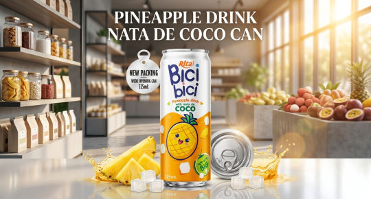 Pineapple drink with nata de coco in a wide opening can