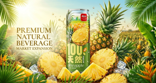 Poster of premium natural beverages in sleek cans featuring tropical fruit flavors
