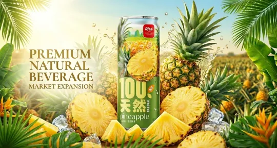 Poster of premium natural beverages in sleek cans featuring tropical fruit flavors