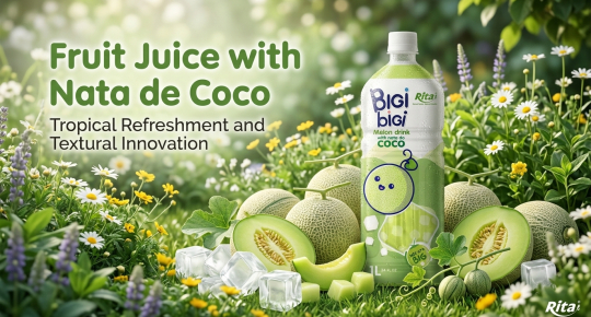 Poster showcasing tropical melon drink with nata de coco designed for global food and beverage distribution markets