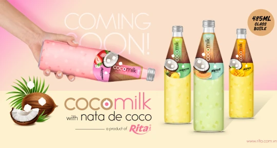 Coconut milk with nata de coco glass bottle