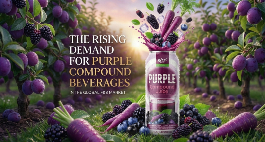 Poster showcasing purple compound beverages highlighting unique flavors and global market appeal