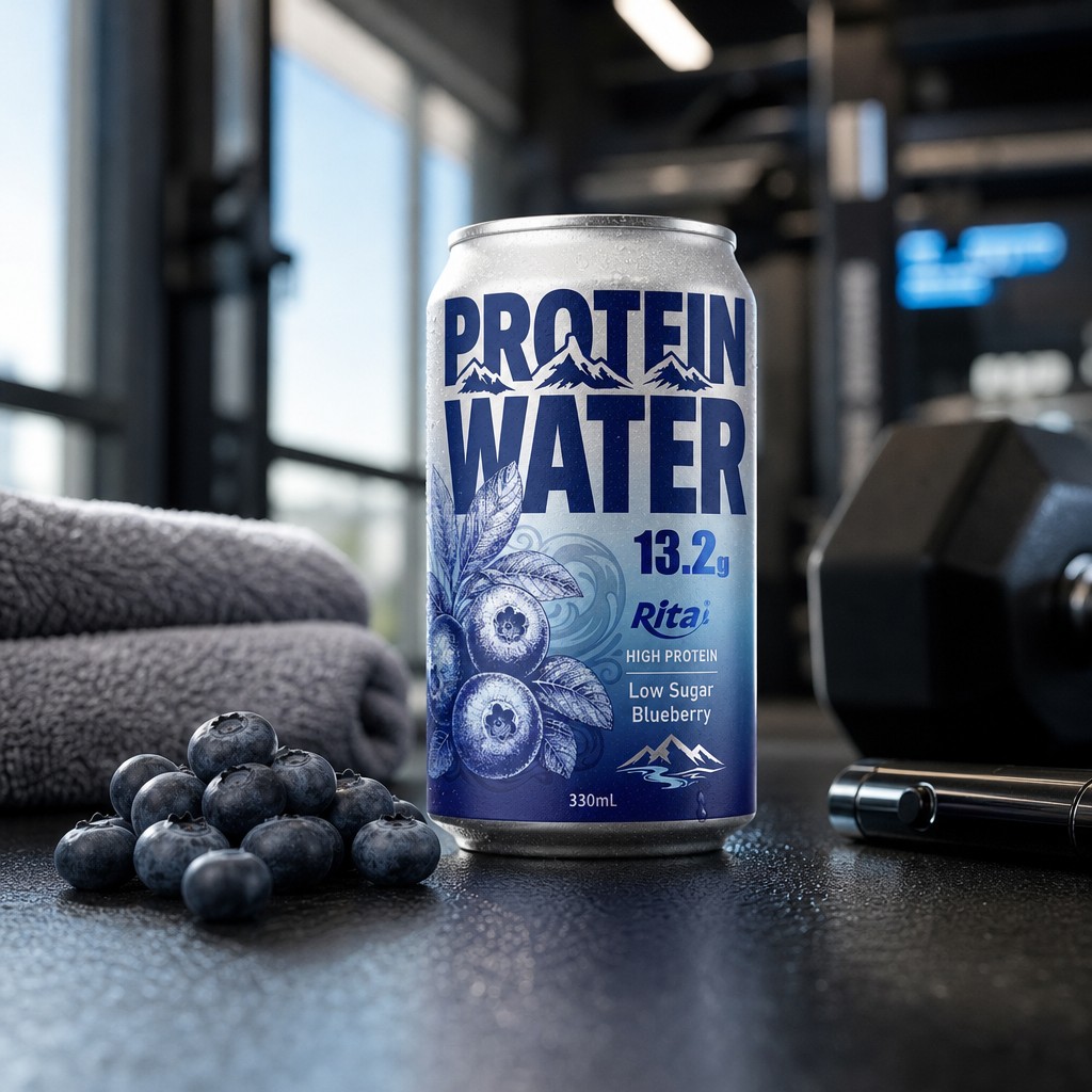 Shopper browsing a chiller featuring High Protein Water Blueberry Drink 330ml cans