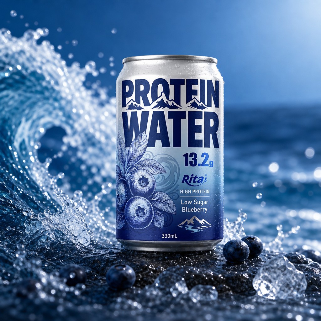 330ml aluminum can packaging of the blueberry high protein water drink for export