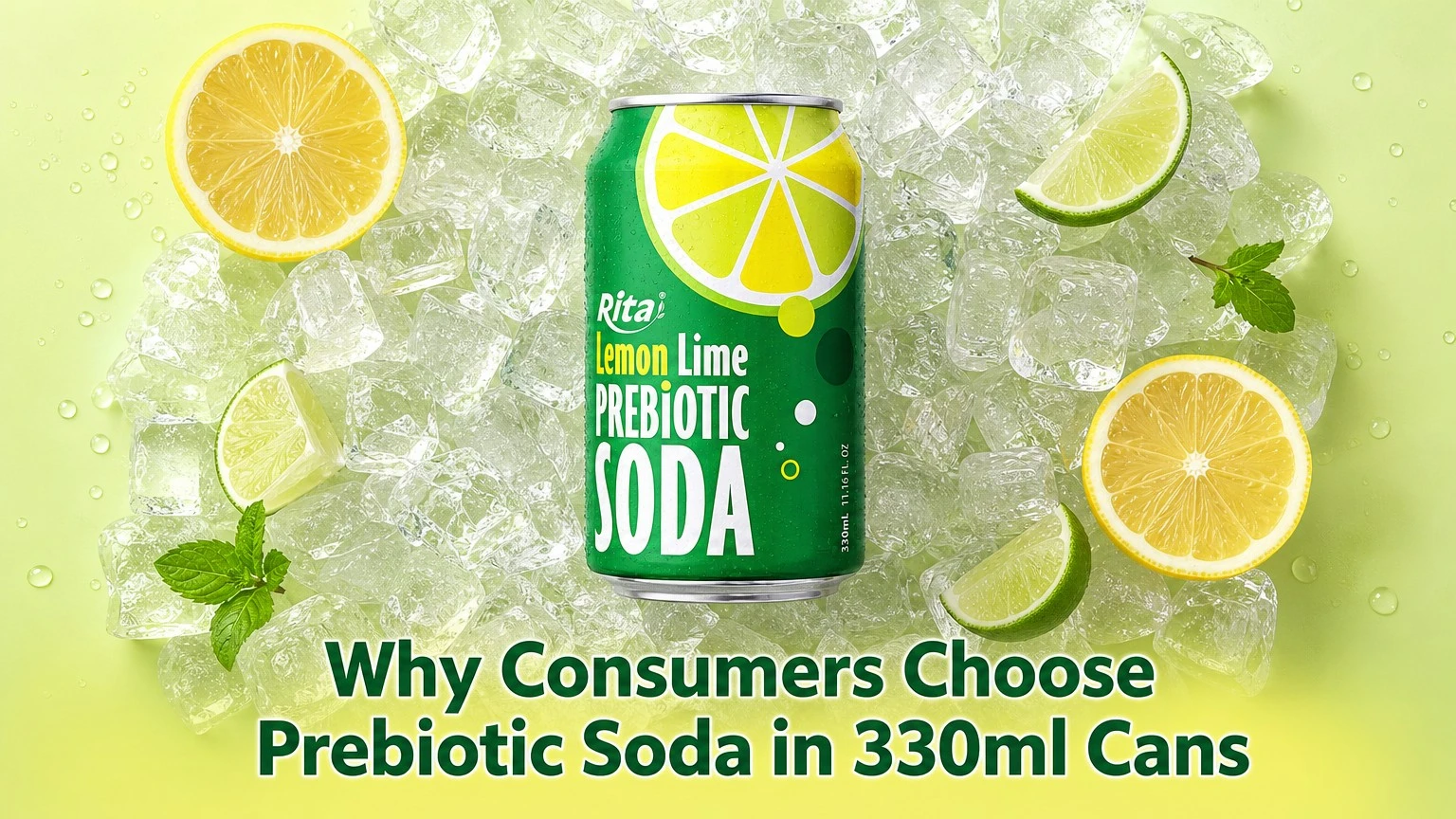 Lemon Lime Prebiotic Soda 330ml Short Can by RITA on a citrus-themed backdrop