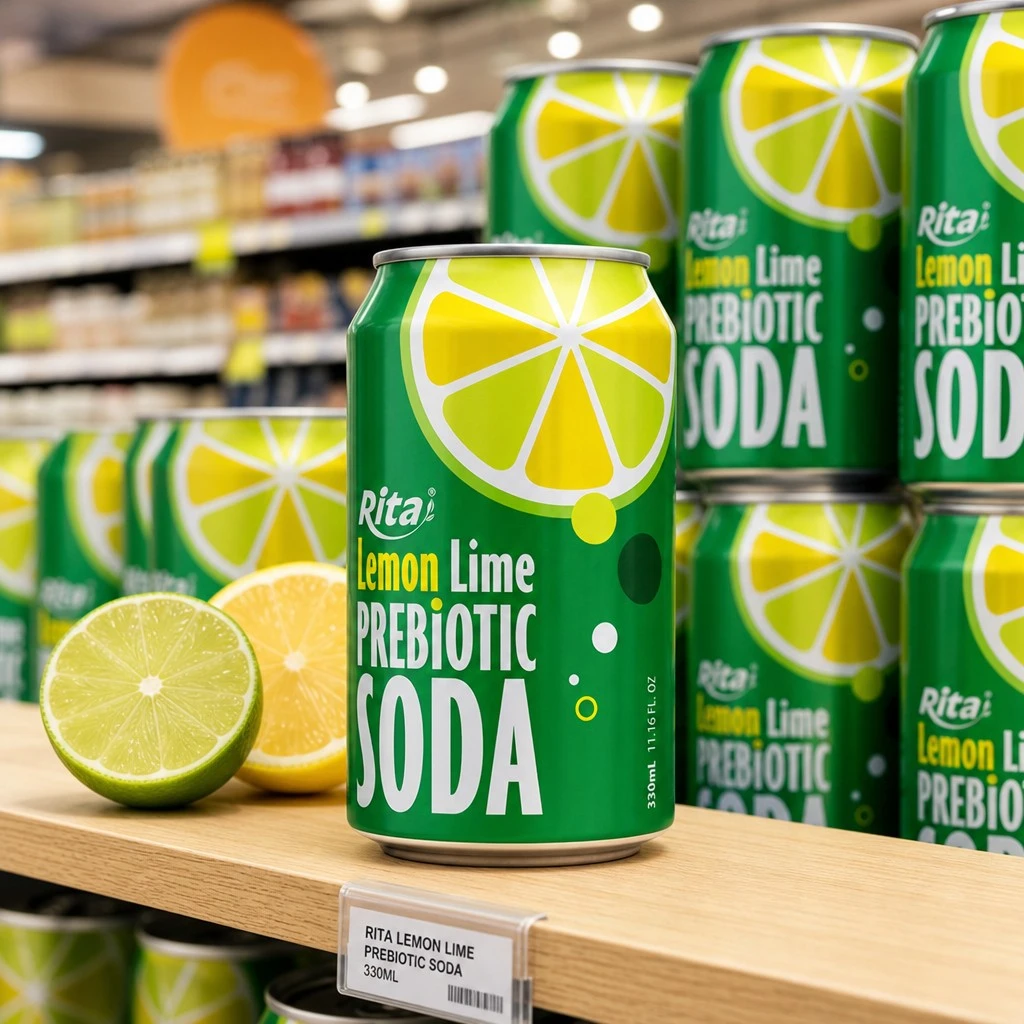 Lemon Lime Prebiotic Soda short cans displayed on a modern retail shelf