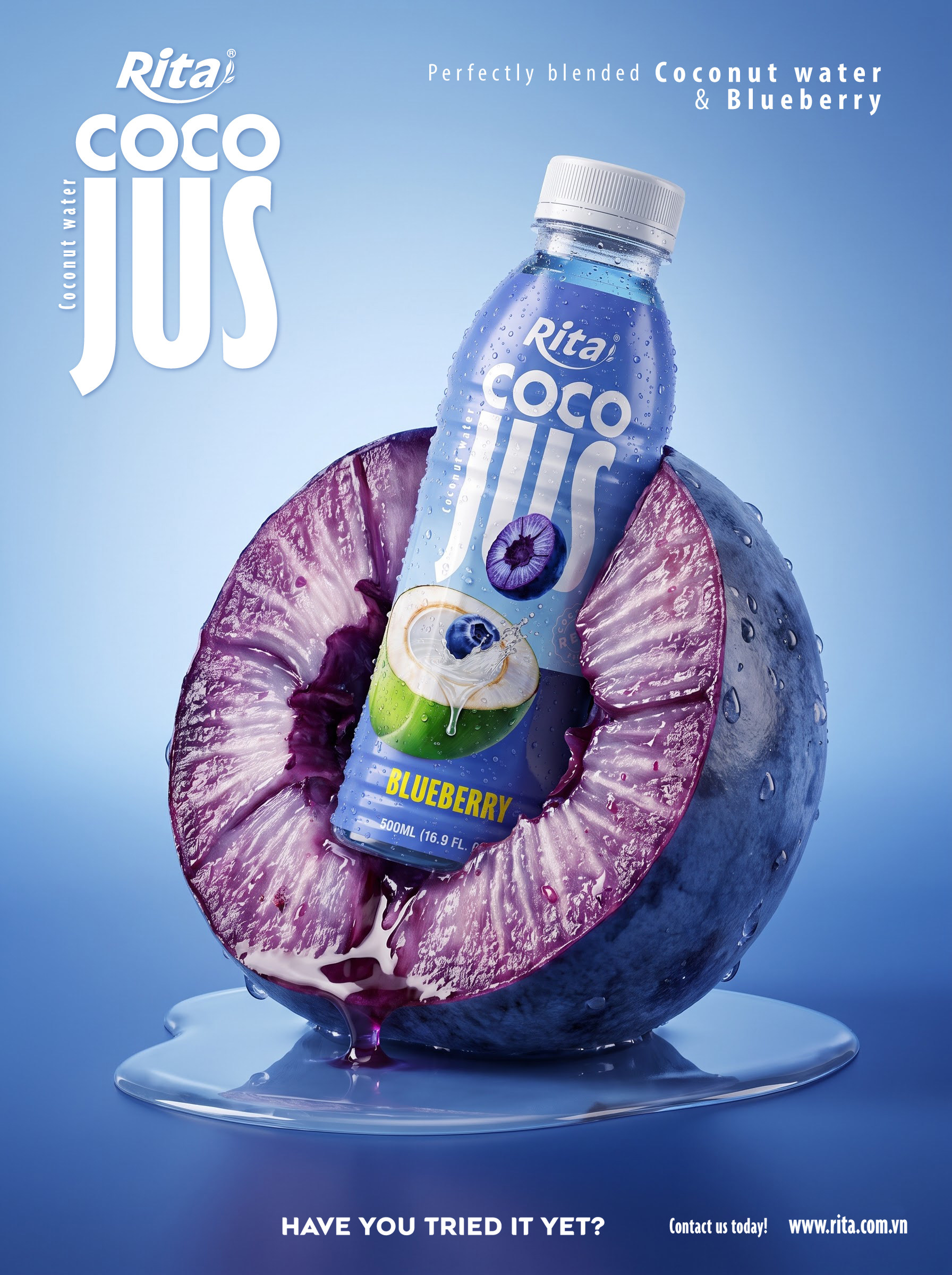 COCO JUS Real Coconut Water with Blueberry Juice 500ml (16.9 fl oz) Poster 1
