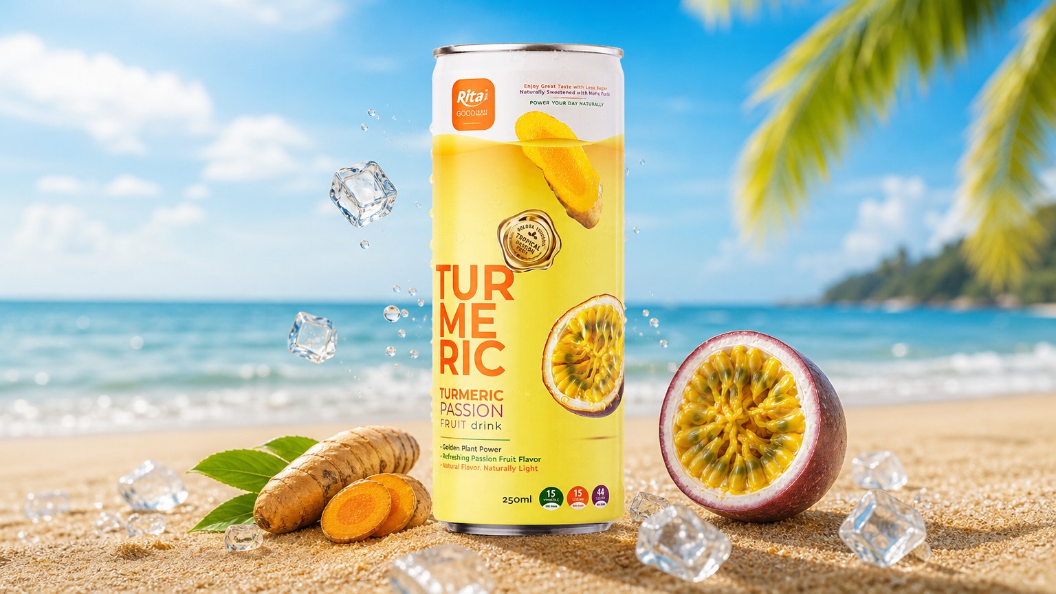 RITA Less Sugar Turmeric Passion Fruit Drink 250ml Slim Can Poster 2