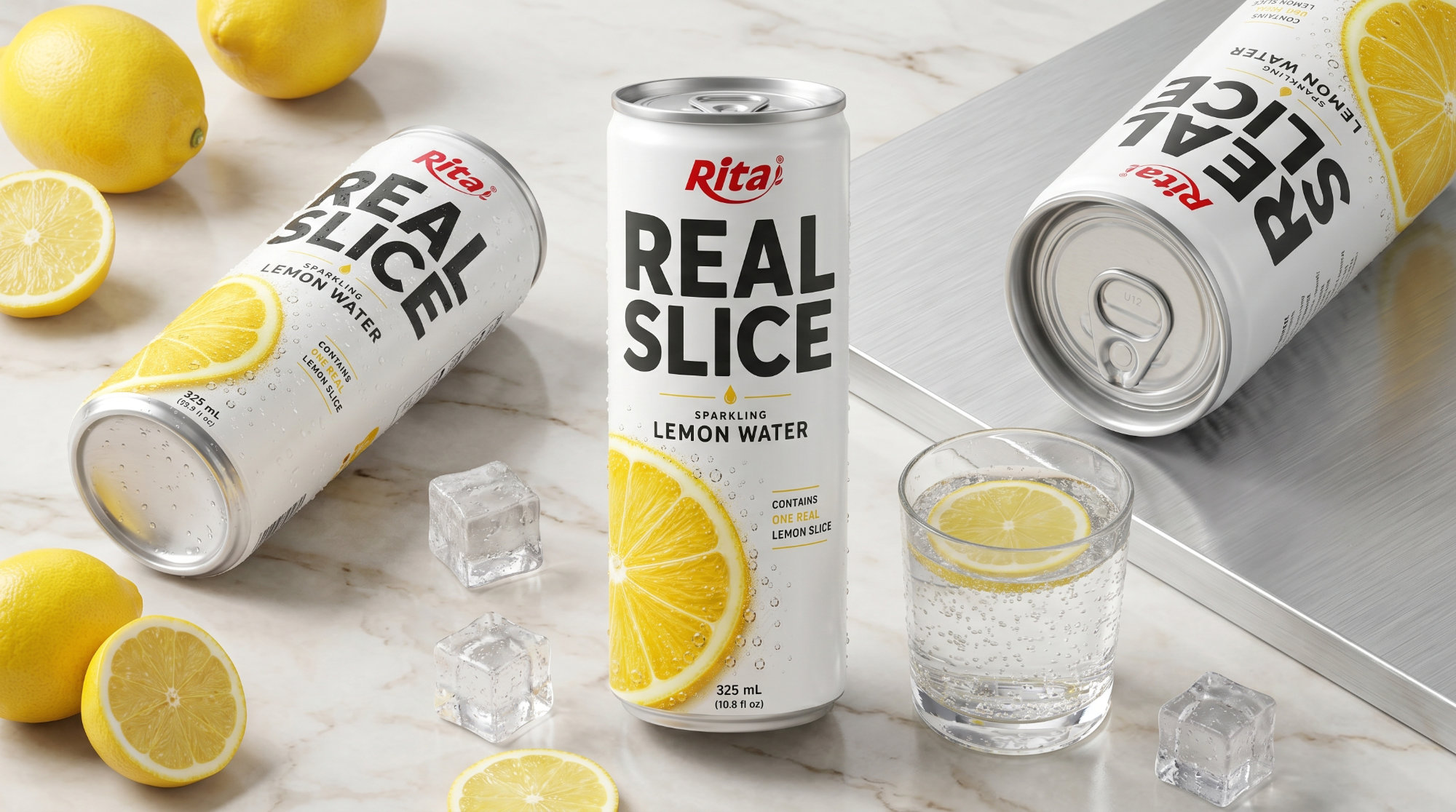 Real Lemon Slice Inside Sparkling Water 325ml Slim Cans– Refreshing Beverage Poster 1
