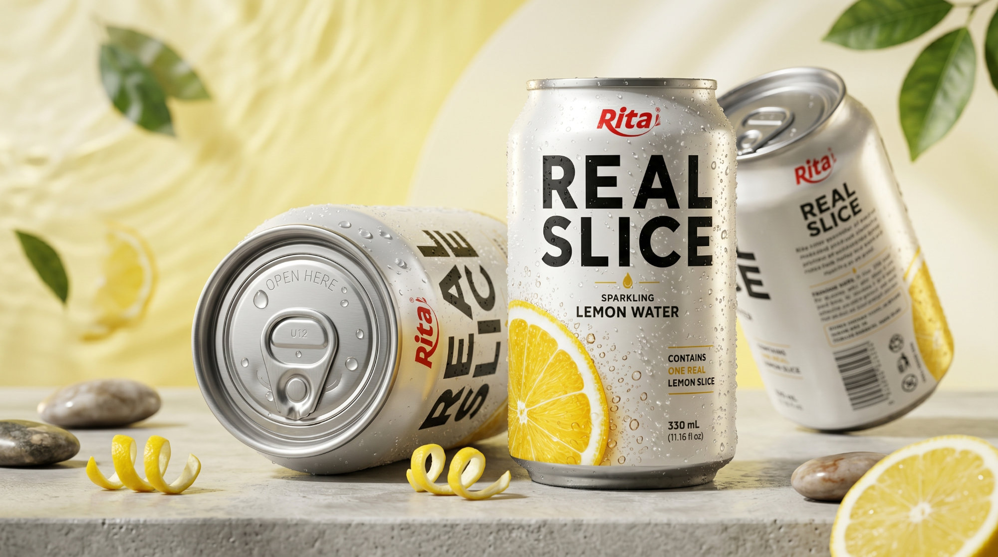 Sparkling Lemon Water with Real Fruit Slices 325ml Can Poster 1