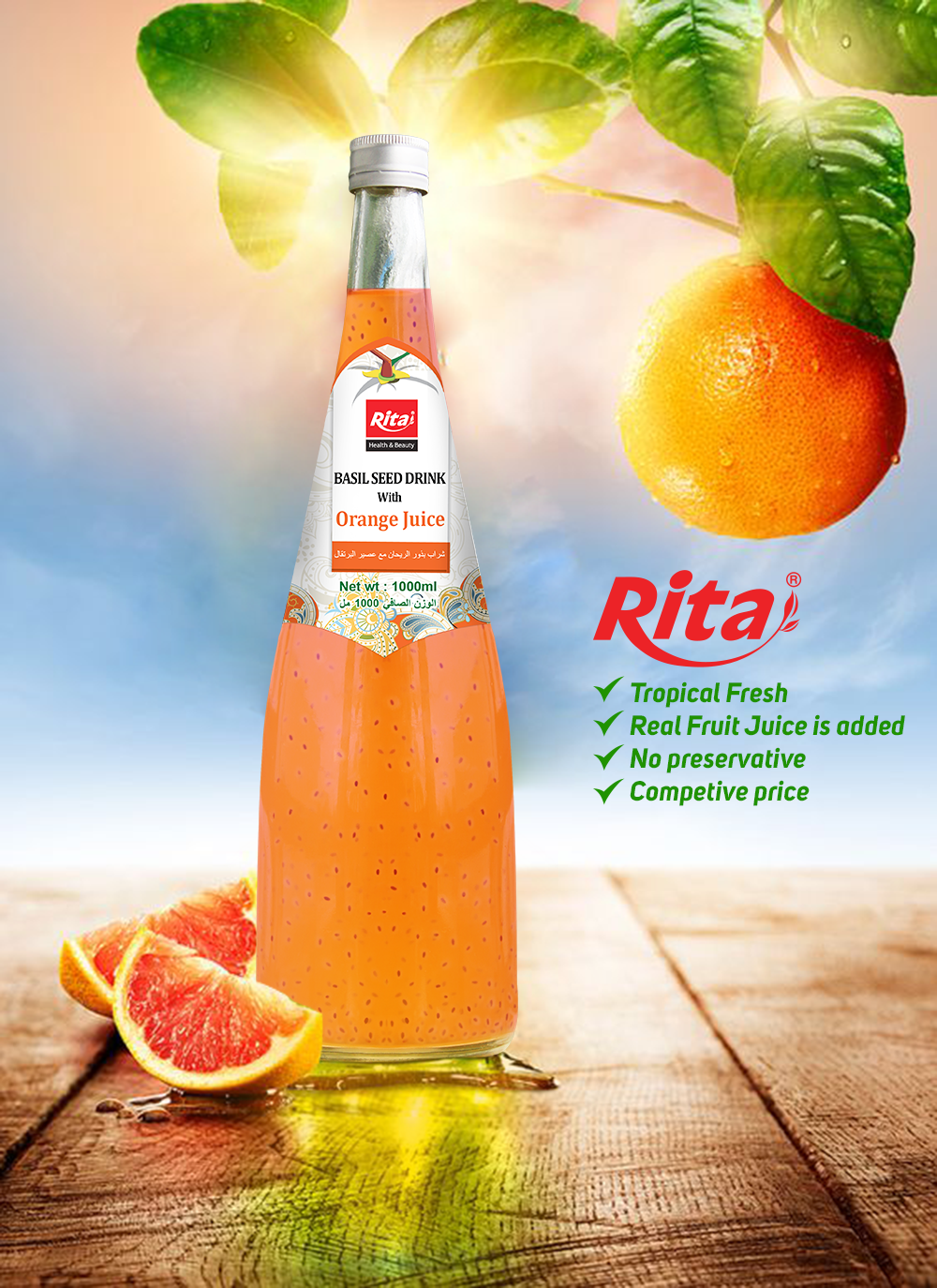 1000ml glass bottle Orange flavor basil seed drink RITA Beverage