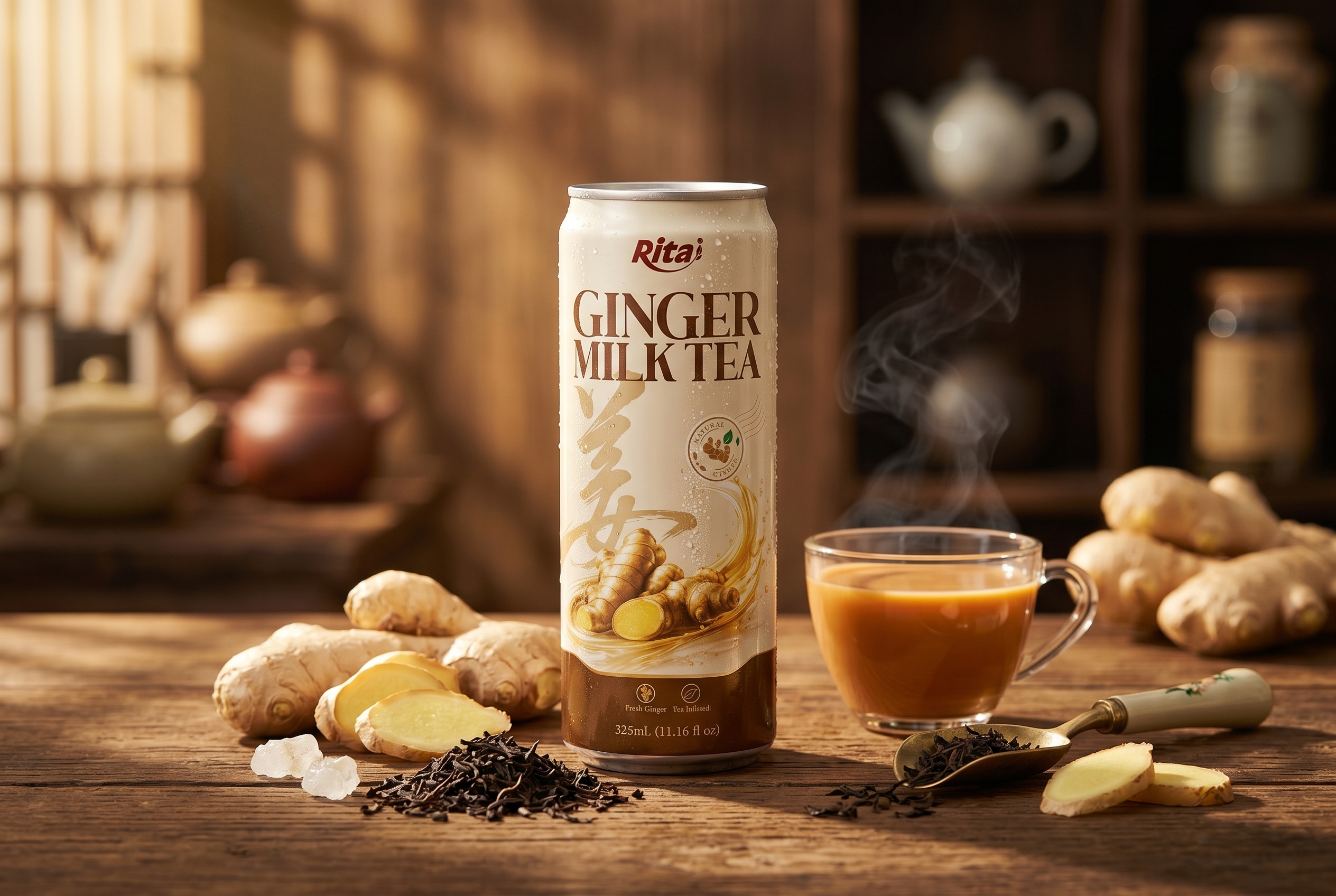 Premium Ginger Milk Tea 325ml Can with fresh ginger and black tea ingredients