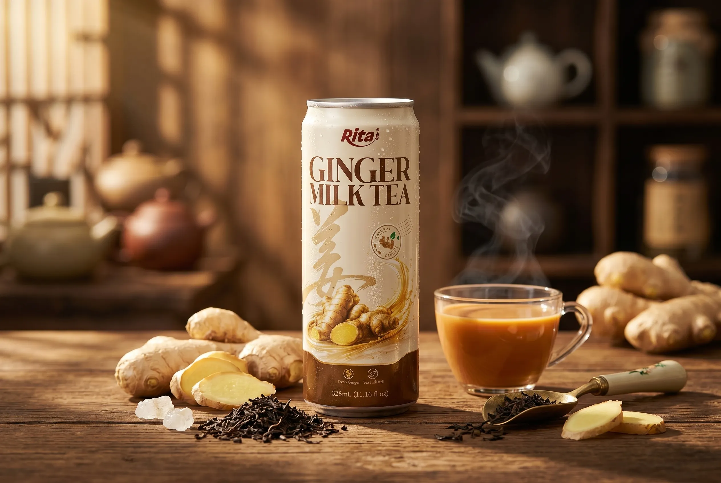 Premium Ginger Milk Tea 325ml Can with fresh ginger and black tea ingredients