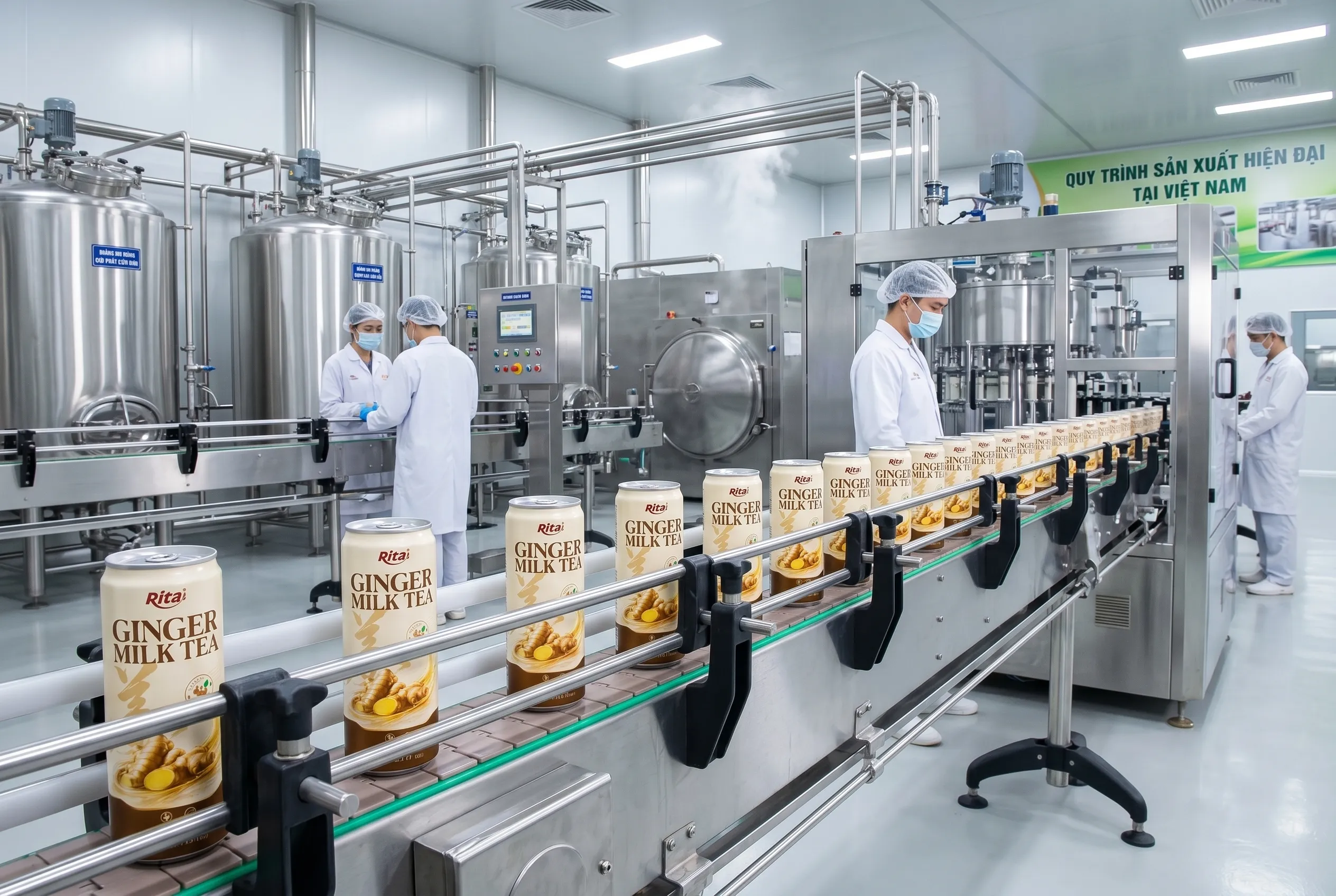 Modern beverage production line at Vietnam manufacturing facility producing RTD ginger milk tea cans