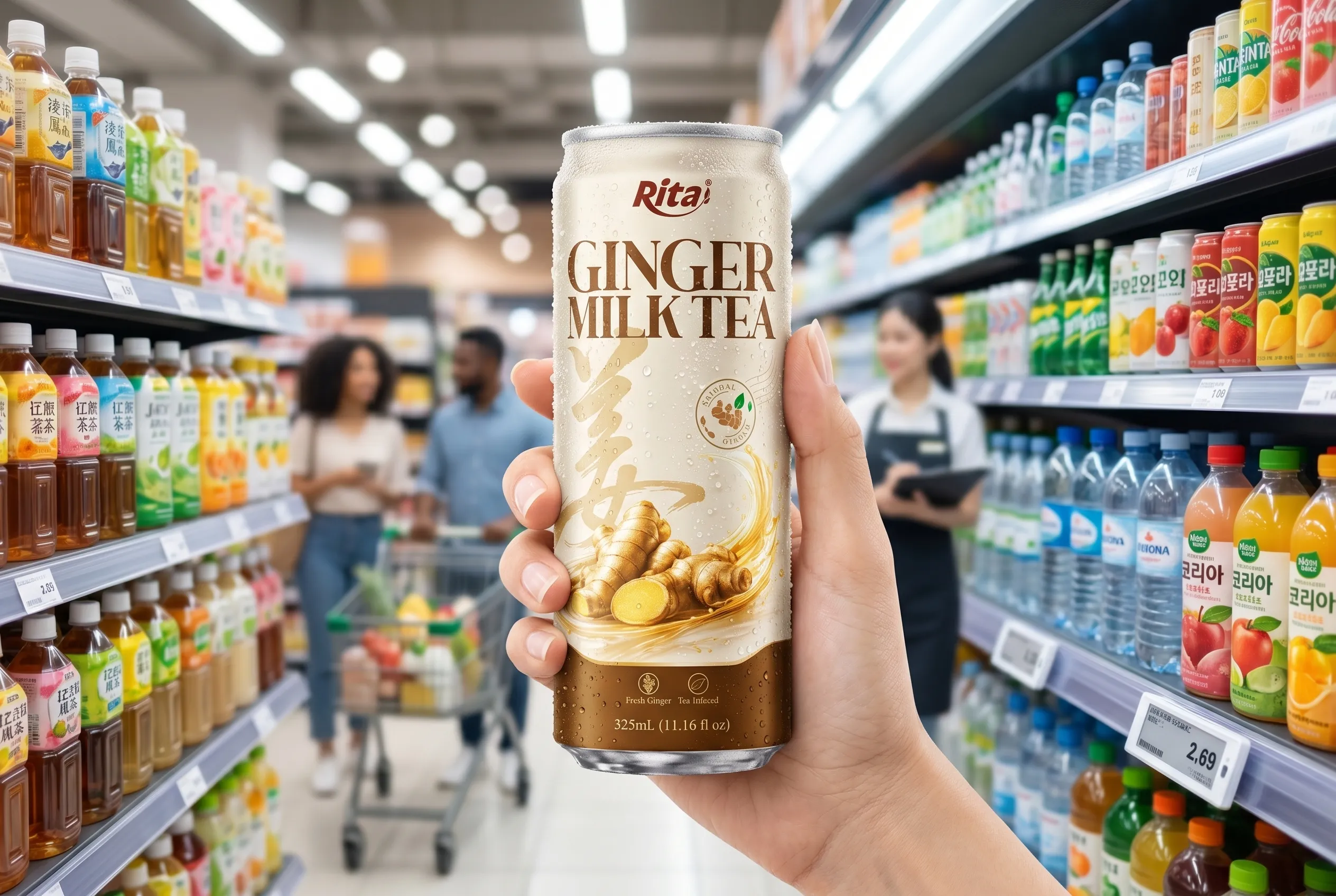 Ginger milk tea can in retail supermarket setting showing global market appeal