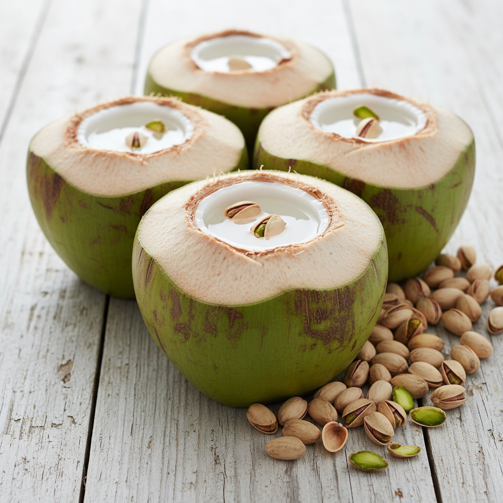 Fresh coconuts and pistachio nuts - natural ingredients