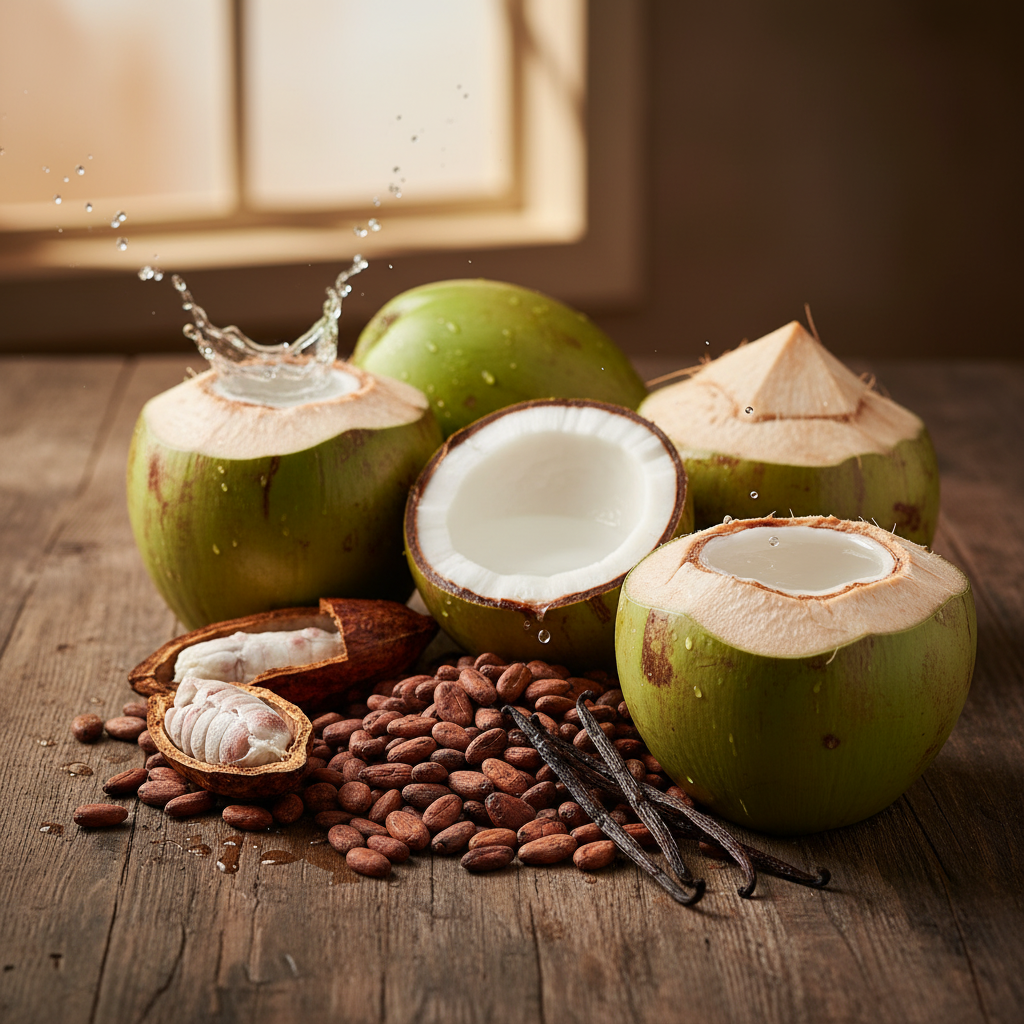 Natural ingredients - fresh coconut and cacao beans