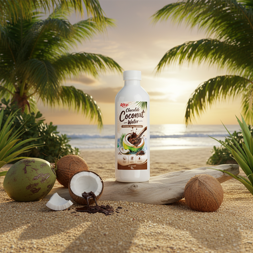 Premium coconut water in tropical setting