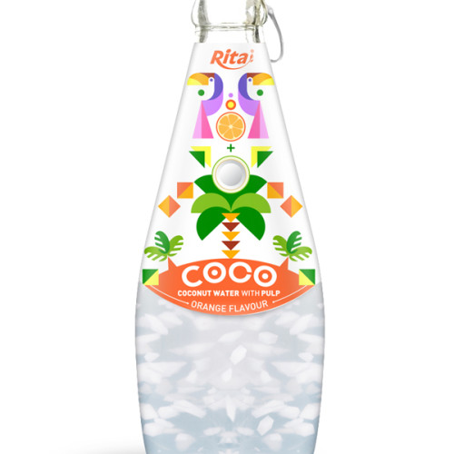 290ml Glass Bottle Orange Flavour Sparkling Coconut Water with Pulp