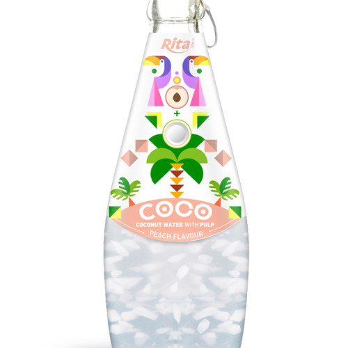 290ml Glass Bottle Peach Flavour Sparkling Coconut Water with Pulp