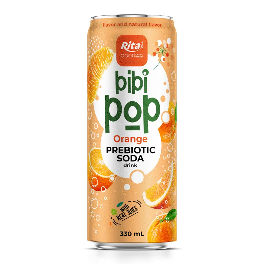 Bibi Pop Prebiotic Soda drink with real orange juice 330ml sleek can
