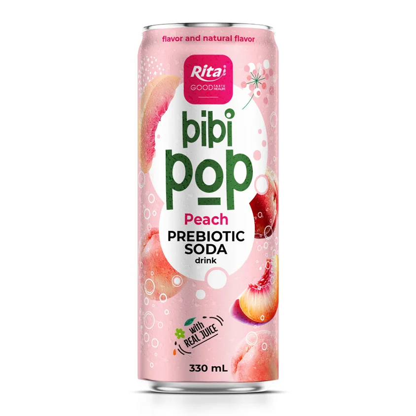 Bibi Pop Prebiotic Soda drink with real peach juice 330ml sleek can