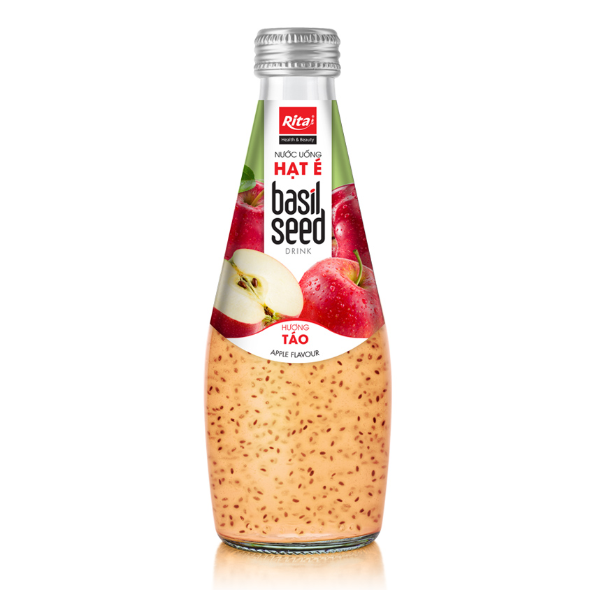 Customize Label 290ml Glass Bottle Basil Seed Drink With Apple